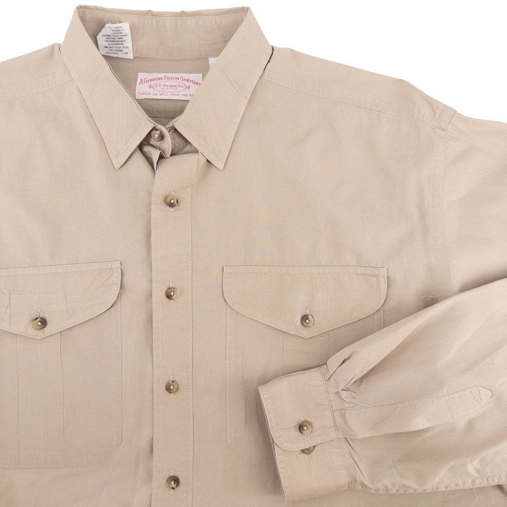 VTG CC Filson Mens XL Feather Cloth Safari Button Up Shirt Tan Long Sleeve 652